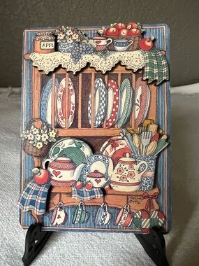Hand-Painted Country Kitchen Ceramic Plaque — Blue, Red, Cream